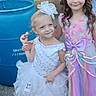 Kyria joined the competition — help win amazing prizes! child, children, girl, dress, party_dress, bow, white_dress, colorful_dress, outdoor, people, barrel, concrete, event, casual_clothing, smile, friendship, holding_hands, standing, happy, hair