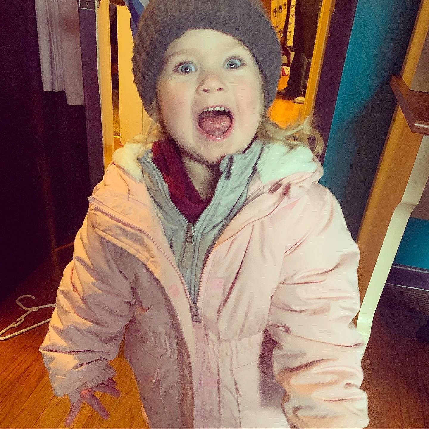 Layla is registered to the contest to win money with this photo: cheek, child, coat, cool, eye, face, facial_expression, fun, happy, head, jacket, laugh, nose, organ, outerwear, person, photography, selfie, smile, surprise