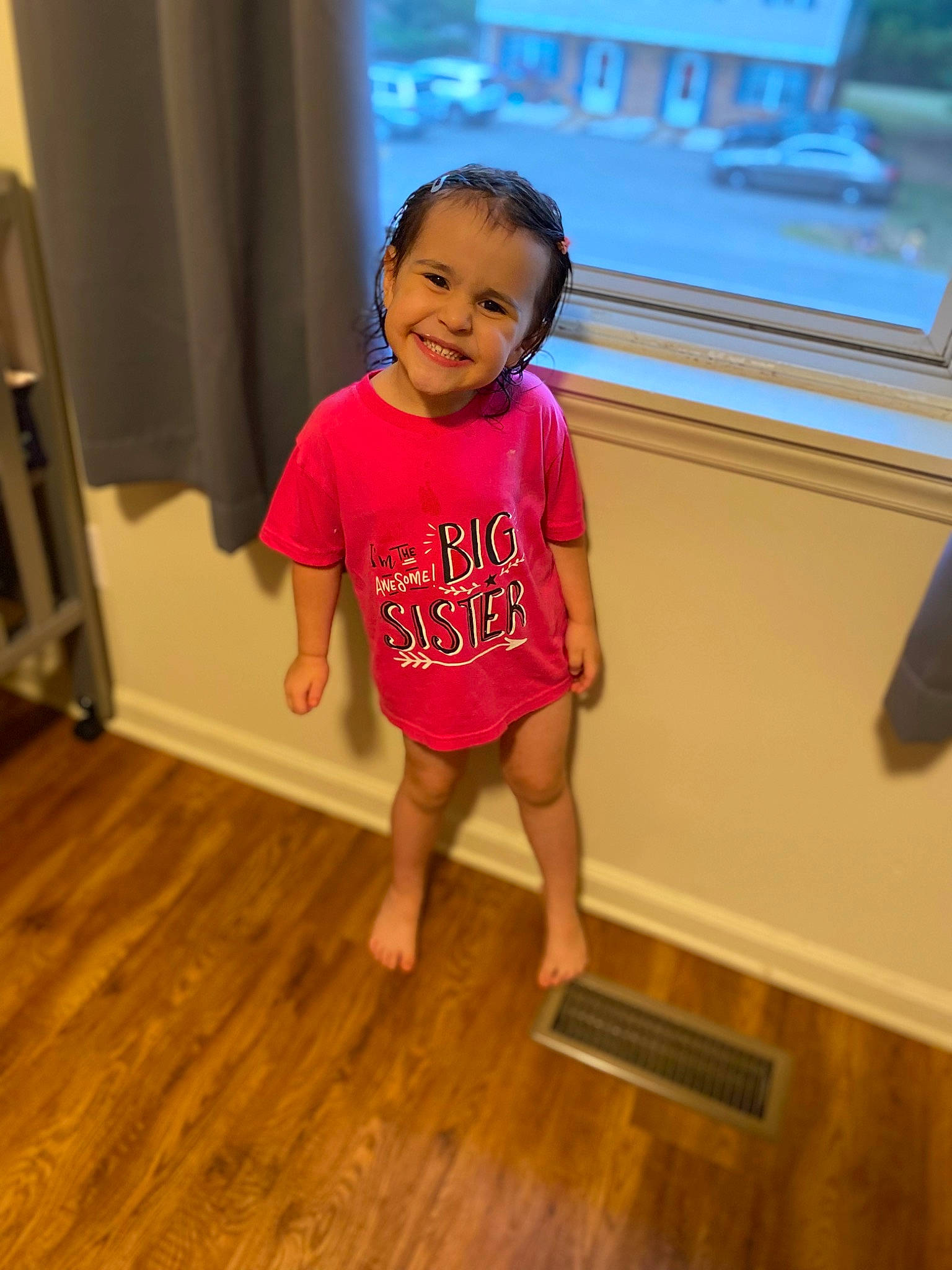 Layla joined the competition — help win amazing prizes! baby_toddler_clothing, barefoot, finger, floor, flooring, fun, happy, hardwood, human_leg, joint, joy, laminate_flooring, person, sleeve, smile, t_shirt, thigh, thumb, toddler, varnish