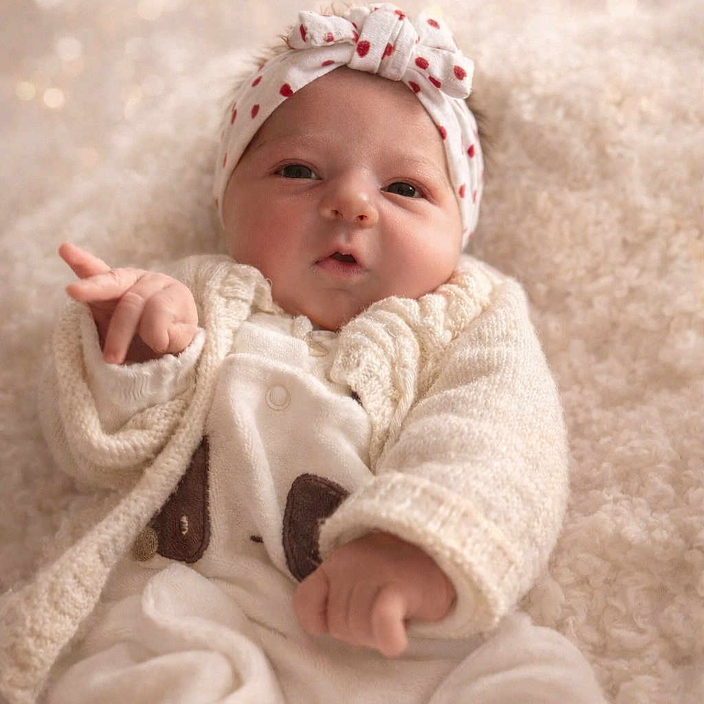 Oriane participe au concours pour gagner de l'argent avec cette photo : baby, blanket, child, closeup, cozy, cute, expression, face, hand, headband, indoors, infant, knitwear, lying_down, newborn, polka_dot, portrait, soft_texture, warm, white_clothing