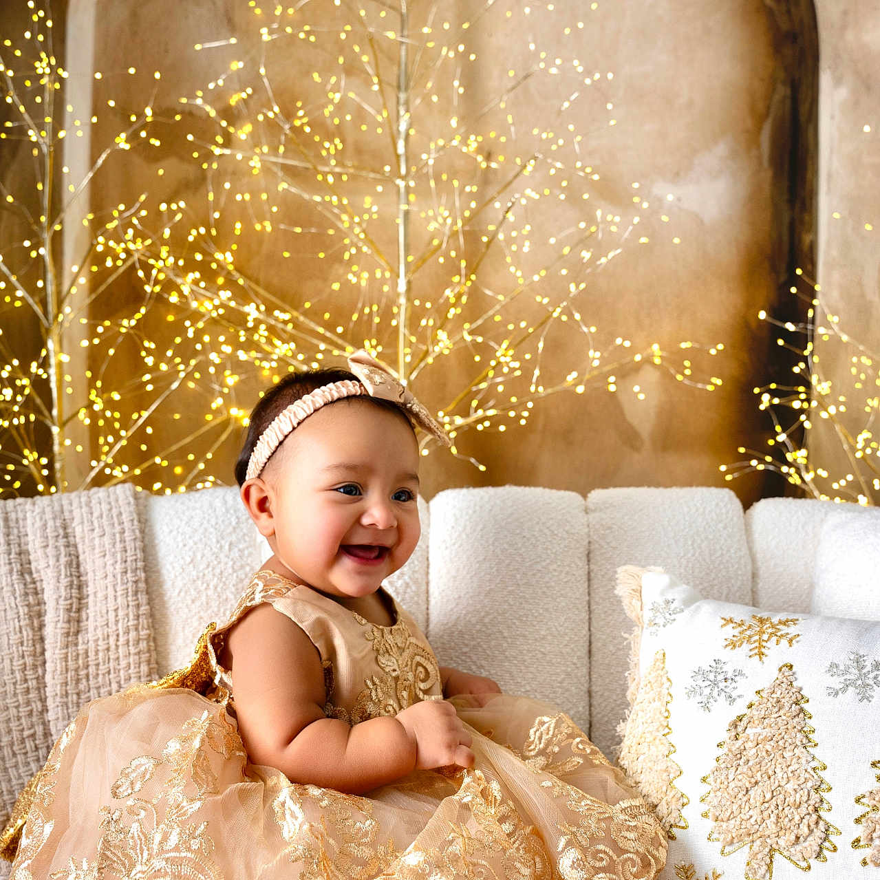 Avril joined the competition — help win amazing prizes! baby, celebration, child, couch, cozy, decorations, dress, fabric, fairy_lights, festive, golden, happy, headband, holiday, indoor, infant, lace, pillow, portrait, smiling