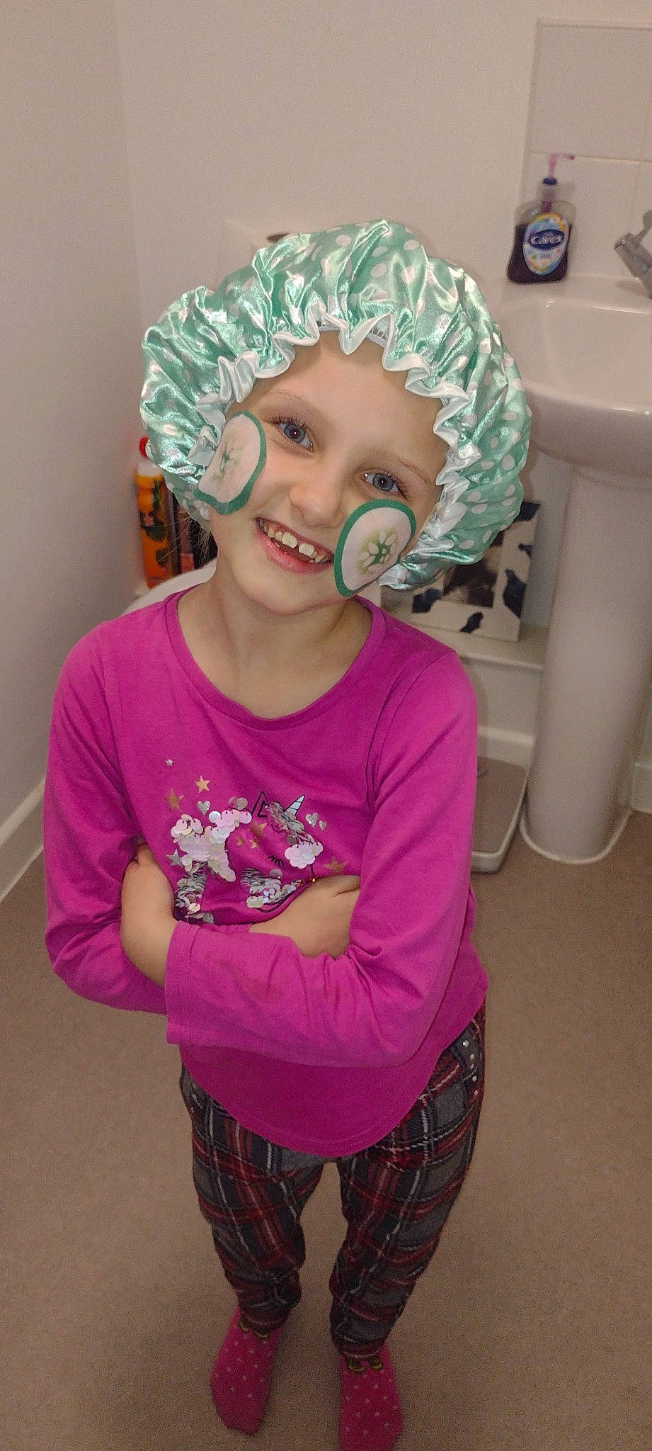 Darcie joined the competition — help win amazing prizes! cap, child, ear, electric_blue, fashion_accessory, fun, hair_accessory, happy, headband, headpiece, headwear, joy, magenta, organ, person, personal_protective_equipment, pink, plumbing_fixture, purple, sleeve