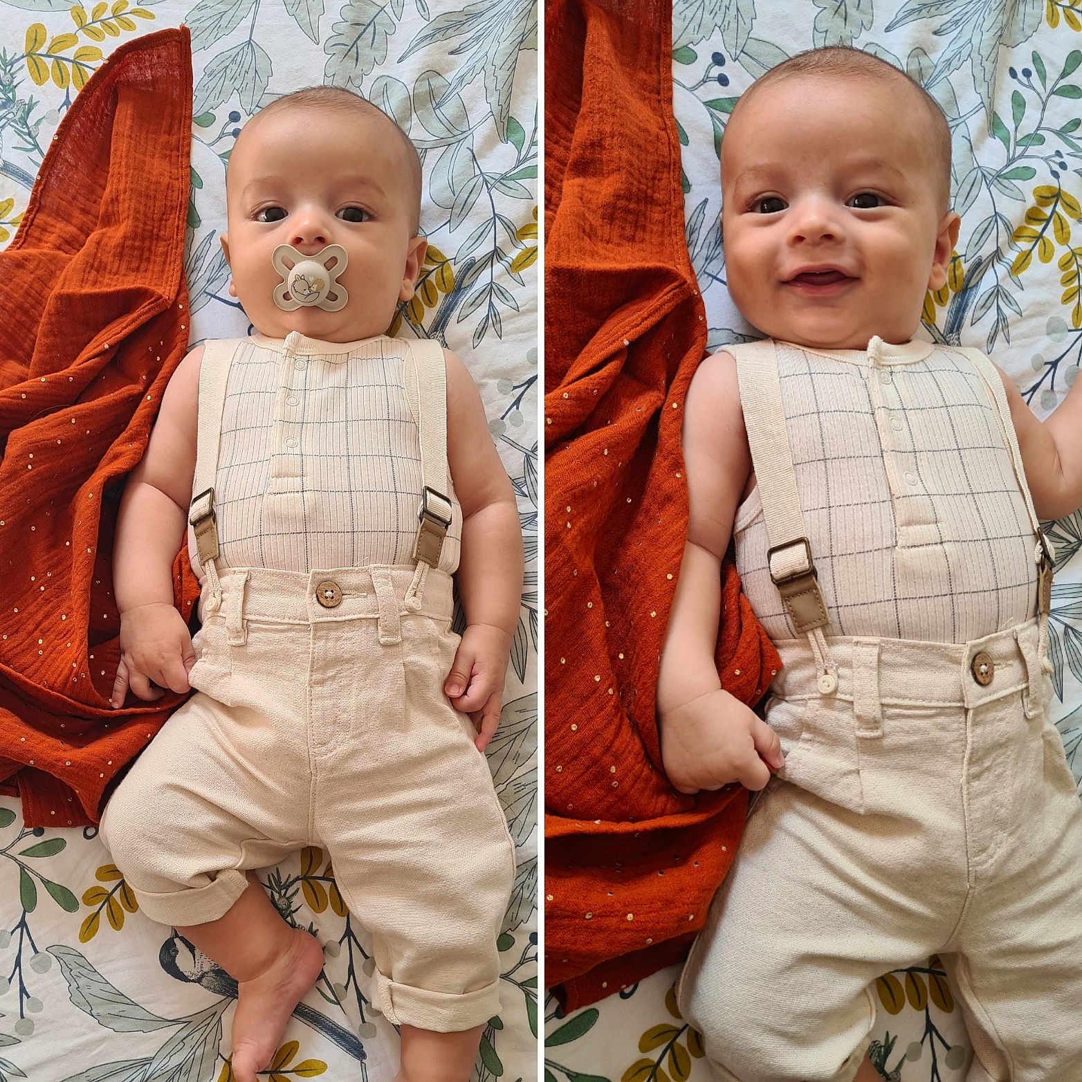 Gioacchino participe au concours pour gagner de l'argent avec cette photo : baby, blanket, child, clothing, cute, face, happy, head, indoor, infant, lying_down, orange_cloth, pacifier, pants, pattern, person, skin, smile, suspenders, two_poses