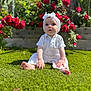 baby, child, grass, flowers, roses, garden, outdoor, greenery, headband, white_clothing, sitting, sunlight, nature, cute, portrait, young_child, person, skin, barefoot, curious
