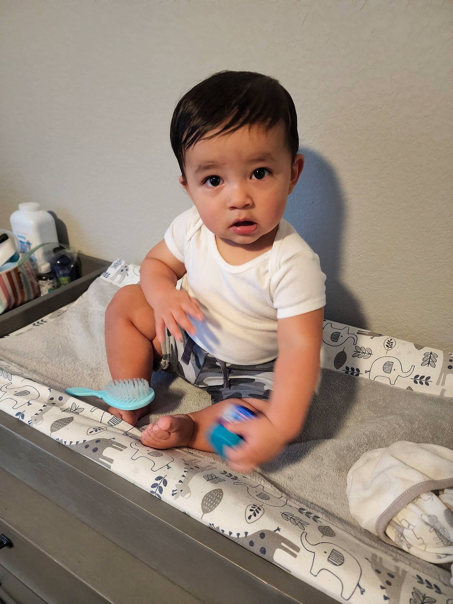 Maddux joined the competition — help win amazing prizes! arm, baby, baby_toddler_clothing, child, comfort, flash_photography, flooring, fun, gadget, happy, kitchen_appliance, office_equipment, pattern, person, room, sitting, sleeve, smile, t_shirt, toddler