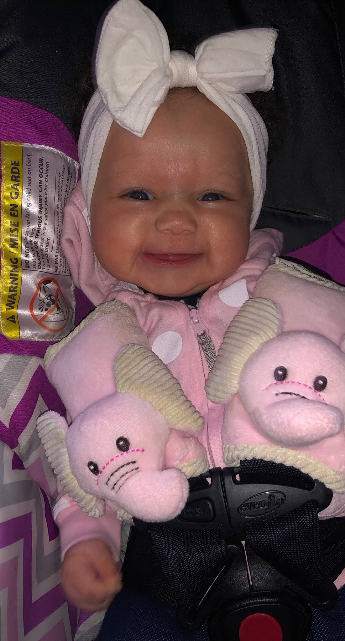 Kahlani is registered to the contest to win money with this photo: baby_products, baby_toddler_clothing, baby_toys, bonnet, cheek, costume_accessory, headwear, joy, person, pink, plush, product, skin, stuffed_toy, textile, toy