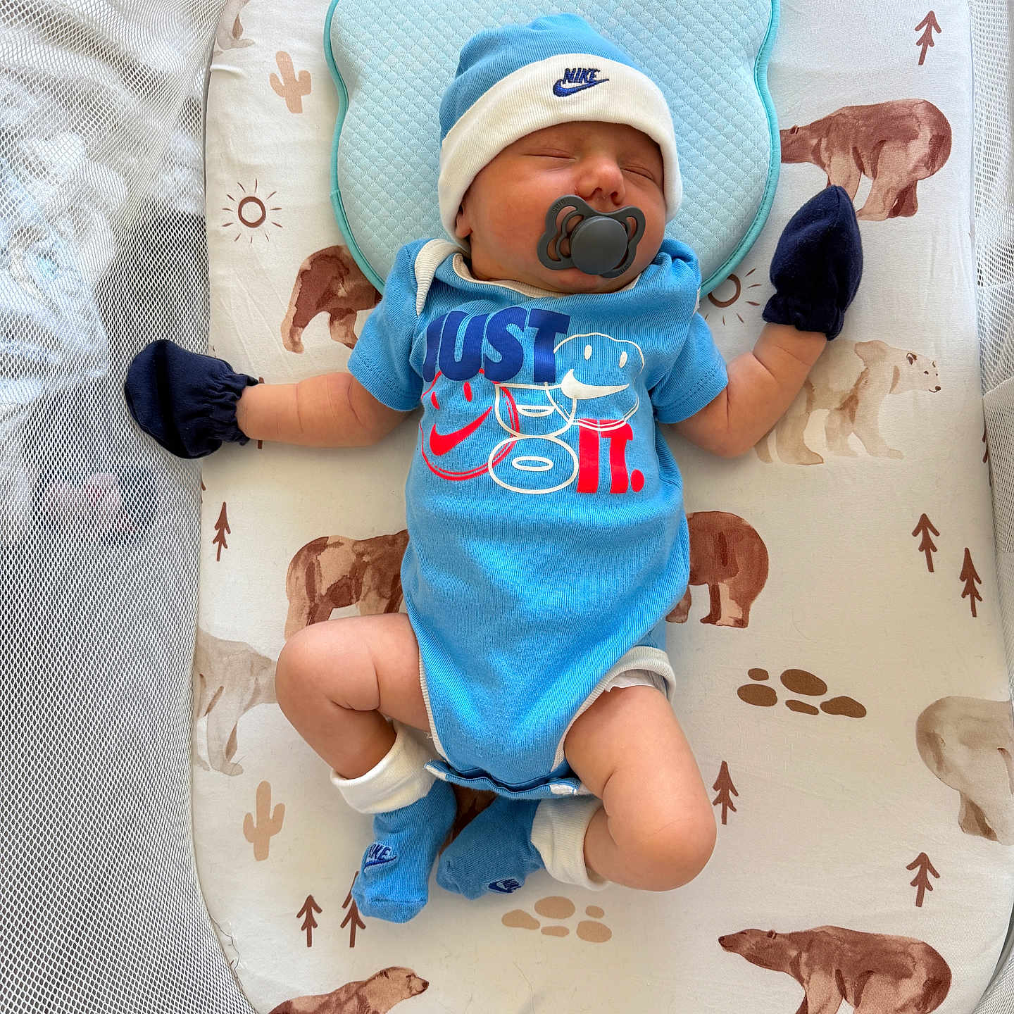 Mason is registered to the contest to win money with this photo: animal, baby, bear, bed, canine, clothing, crib, dog, face, furniture, glove, hat, head, hosiery, infantbed, person, pet, photography, portrait, sock