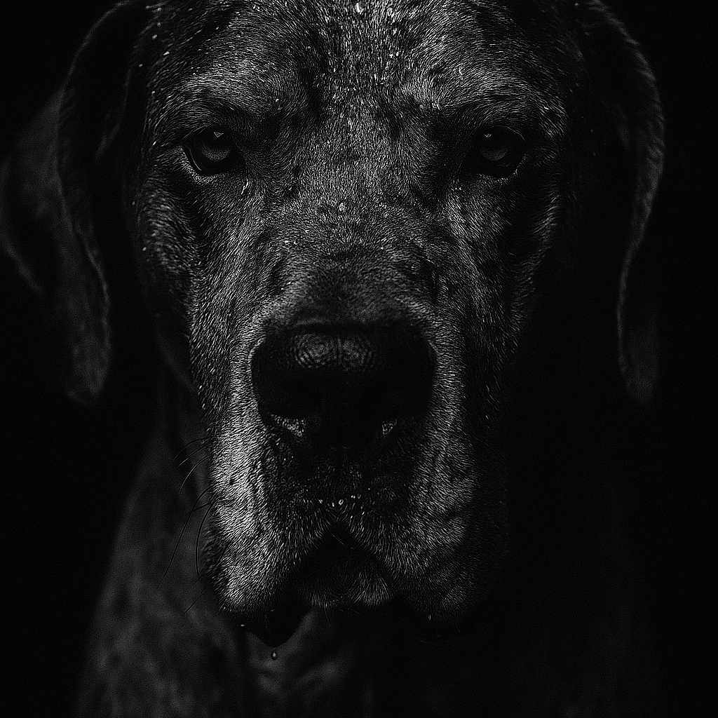 Taïko participe au concours pour gagner de l'argent avec cette photo : animal, black_and_white, canine, close_up, dark_background, detail, dog, expression, eyes, face, fur, head, moody, muzzle, pet, portrait, shadow, studio_shot, texture, wet