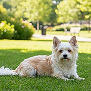 Jak is registered to the contest to win money with this photo: attentive, bench, bokeh, dog, ears_up, eyes, fluffy, grass, lawn, lying_down, muzzle, outdoors, park, pet, portrait, small_dog, sunny, tan_fur, trees, white_fur