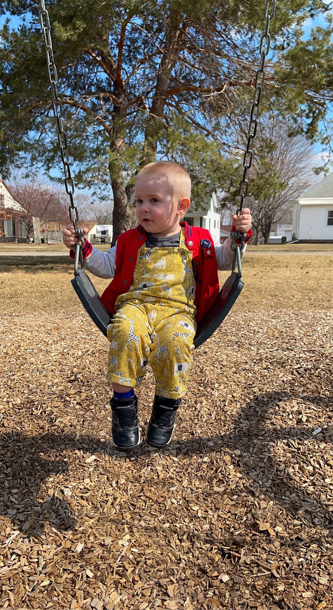 Paxton is registered to the contest to win money with this photo: asphalt, baby, city, flooring, fun, gesture, grass, jacket, leaf, leisure, people_in_nature, person, plant, recreation, road_surface, sky, sneakers, soil, toddler, tree