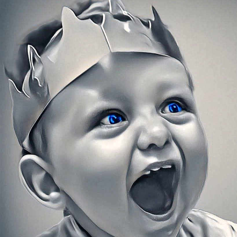 Tiago participe au concours pour gagner de l'argent avec cette photo : baby, blue_eyes, child, closeup, crown, cute, digital_art, expression, face, grayscale, happy, headwear, human, illustration, metallic, open_mouth, portrait, stylized, surprised, young