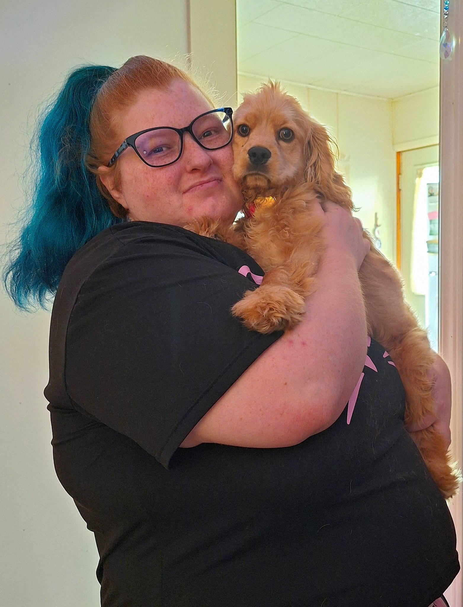 Trixie joined the competition — help win amazing prizes! arm, carnivore, companion_dog, dog, dog_breed, ear, eyewear, fawn, fun, fur, gesture, glasses, hand, happy, long_hair, shoulder, sporting_group, sunglasses, t_shirt, vision_care