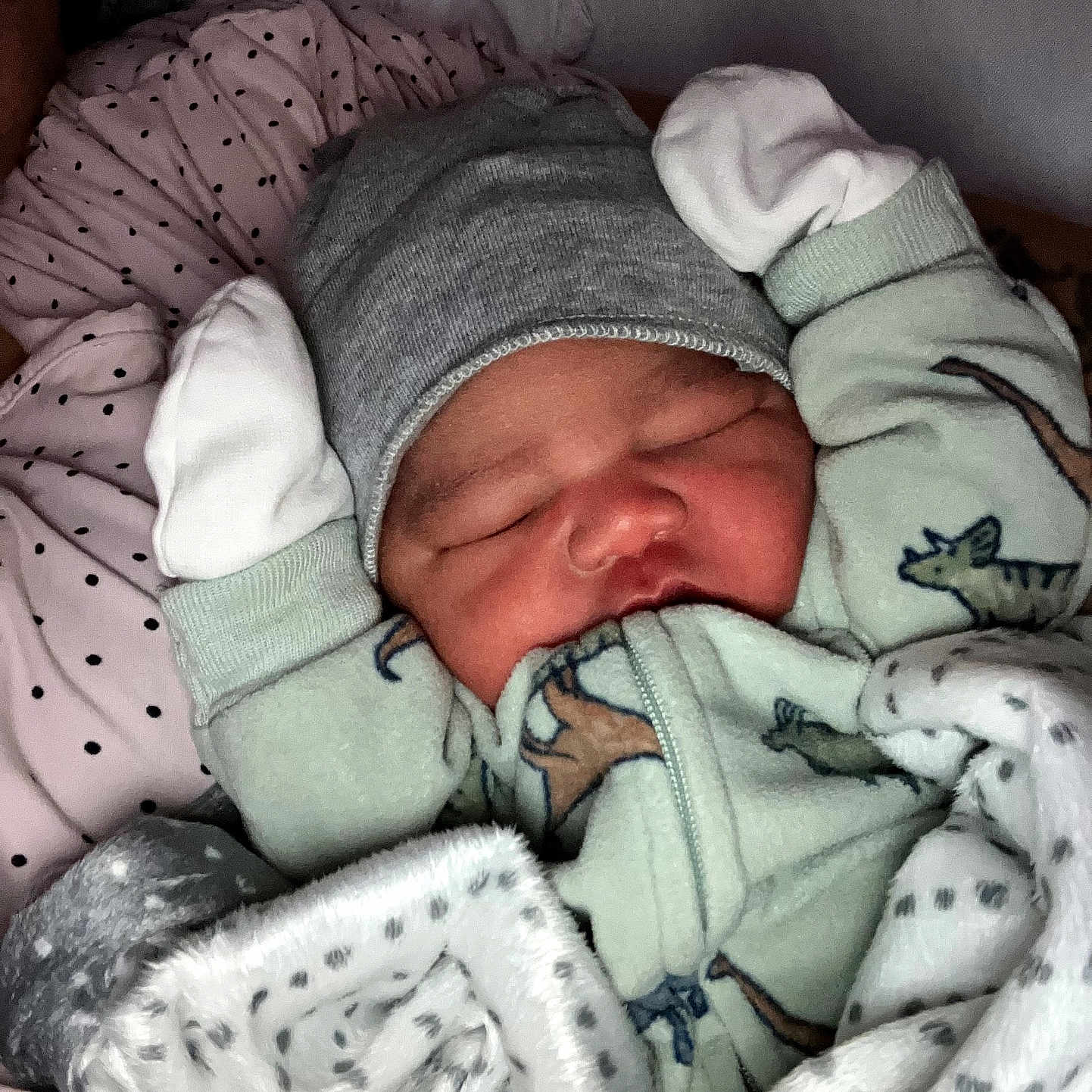 Keoni joined the competition — help win amazing prizes! newborn, baby, sleeping, blanket, mittens, beanie, pajamas, animal_print, cozy, infant, cute, face, child, soft, warm, resting, polka_dot, wrapped, bedtime, peaceful
