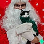 Snow is registered to the contest to win money with this photo: black_and_white_cat, cat, celebration, christmas, costume, cute, festive, glasses, gloves, green_sweater, holding, holiday, indoor, person, polka_dots, portrait, red_background, santa_claus, smiling, white_beard