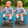 Cameron joined the competition — help win amazing prizes! blue_chair, child, cute, expression, gray_shirt, greenery, happy, joyful, outdoor, pavement, person, playful, shorts, sitting, smiling, socks, split_image, sunlight, toddler, two_images
