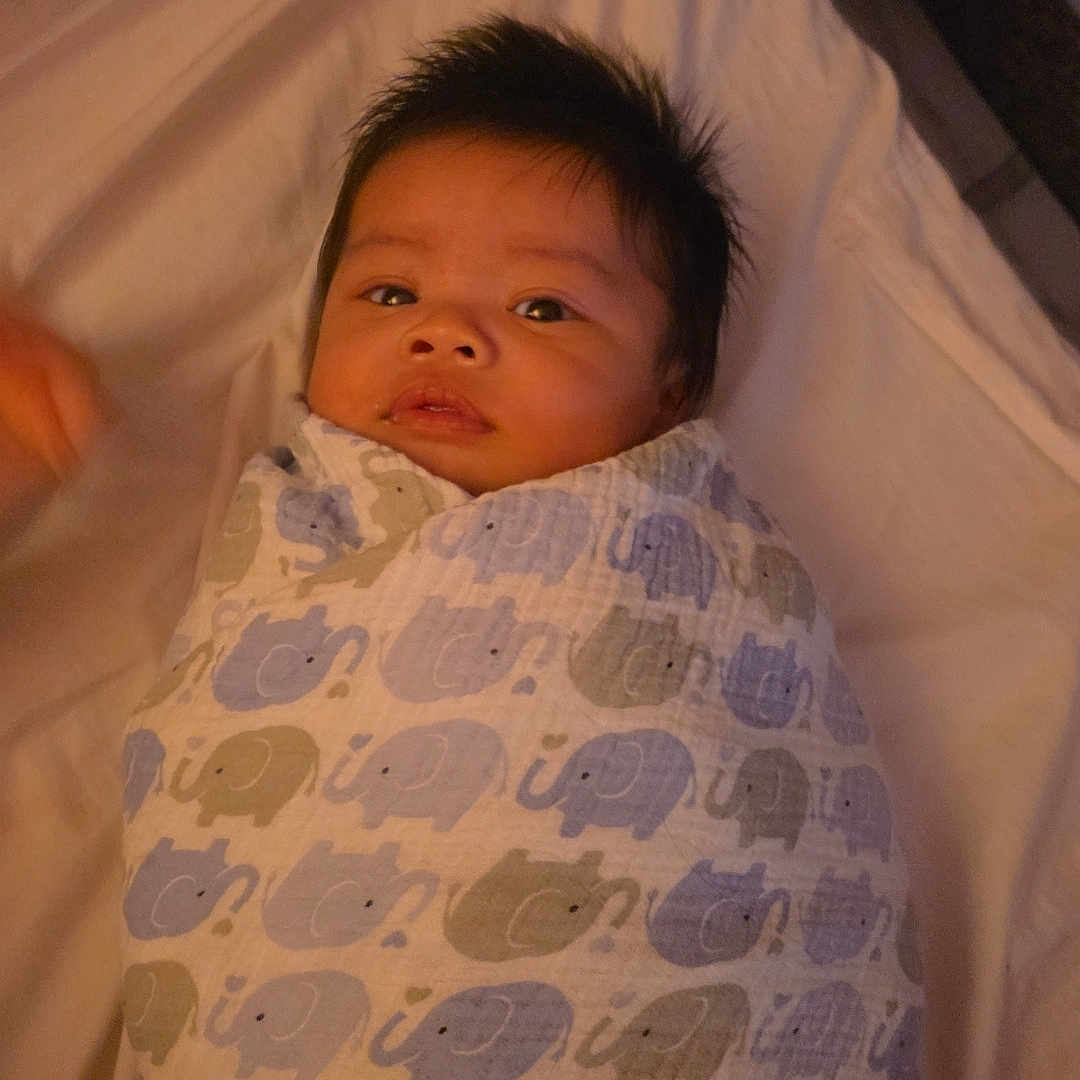 Zayn is registered to the contest to win money with this photo: baby, infant, swaddle, blanket, elephant_pattern, bed, pillow, face, person, indoor, cute, sleepwear, newborn, child, lying_down, portrait, soft_lighting, cozy, resting, young