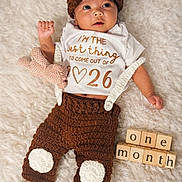 Gianah Fernando is registered to the contest to win money with this photo: baby, infant, newborn, knit_hat, brown_hat, onesie, text_on_shirt, wooden_blocks, blocks, plush_toy, blanket, furry_blanket, crochet_pants, brown_clothing, cute, portrait, milestone, one_month, hands, face