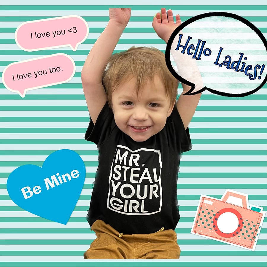 Grayson is registered to the contest to win money with this photo: baby, baby_toddler_clothing, child, finger, font, gesture, hand, happy, jersey, joy, logo, pattern, person, photo_caption, room, sleeve, smile, sportswear, t_shirt, thumb