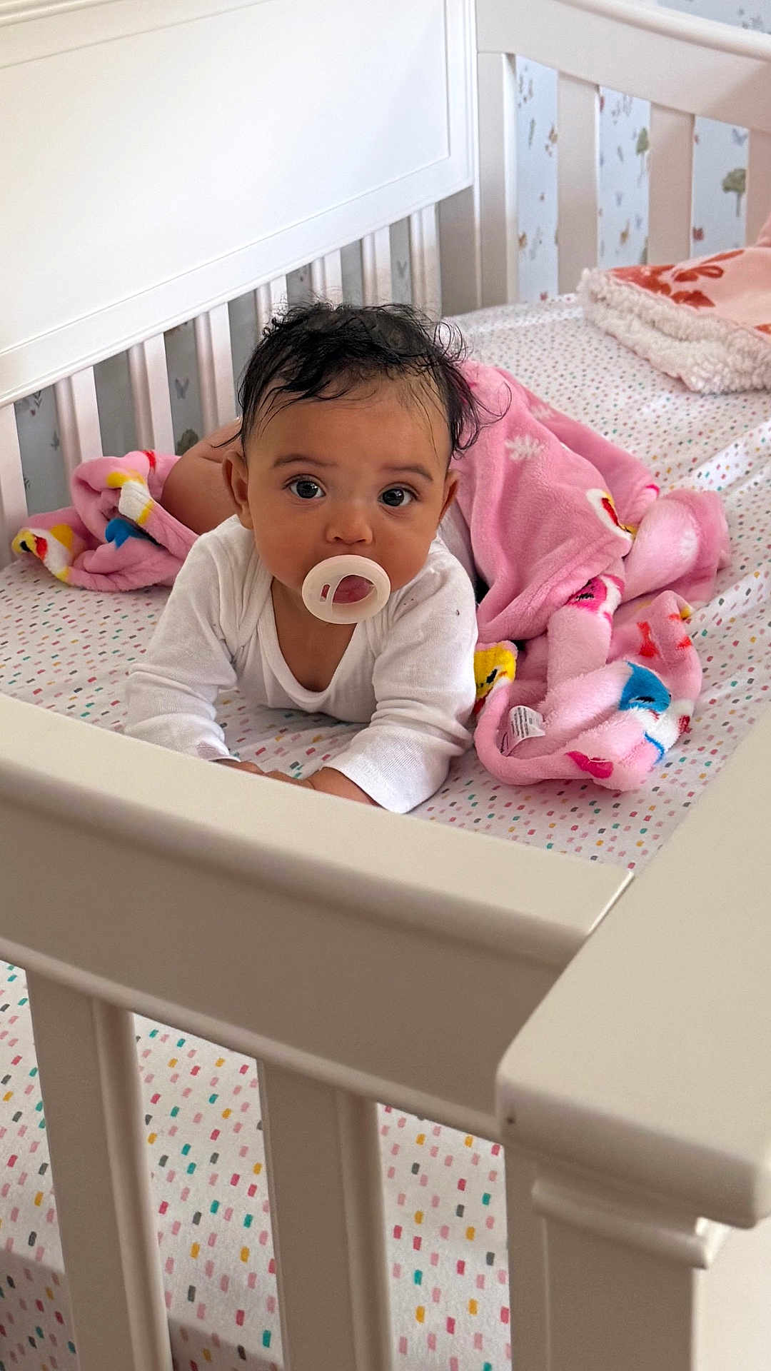 Zenobia joined the competition — help win amazing prizes! baby, pacifier, crib, blanket, infant, tummy_time, cute, child, white_clothing, pink_blanket, bedroom, furniture, home, sleeping_area, person, face, looking, indoors, soft, rest