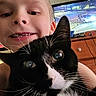 Tex is registered to the contest to win money with this photo: boy, cat, black_and_white_cat, close_up, selfie, indoor, smiling, whiskers, eyes, face, television, furniture, wooden_dresser, child, pet, curious, young, person, home, candid