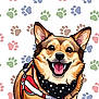 animal, artwork, background, black_bandana, canine, cartoon, colorful, cute, digital_art, dog, friendly, fun, happy, illustration, paw_prints, pet, polka_dot, portrait, red_harness, smiling