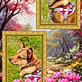 animal, artistic_background, canine, colorful, dog, flowers, framed_photo, grass, greenery, happy, harness, nature, outdoor, pet, pink_flowers, portrait, scenic, side_profile, trees, vibrant