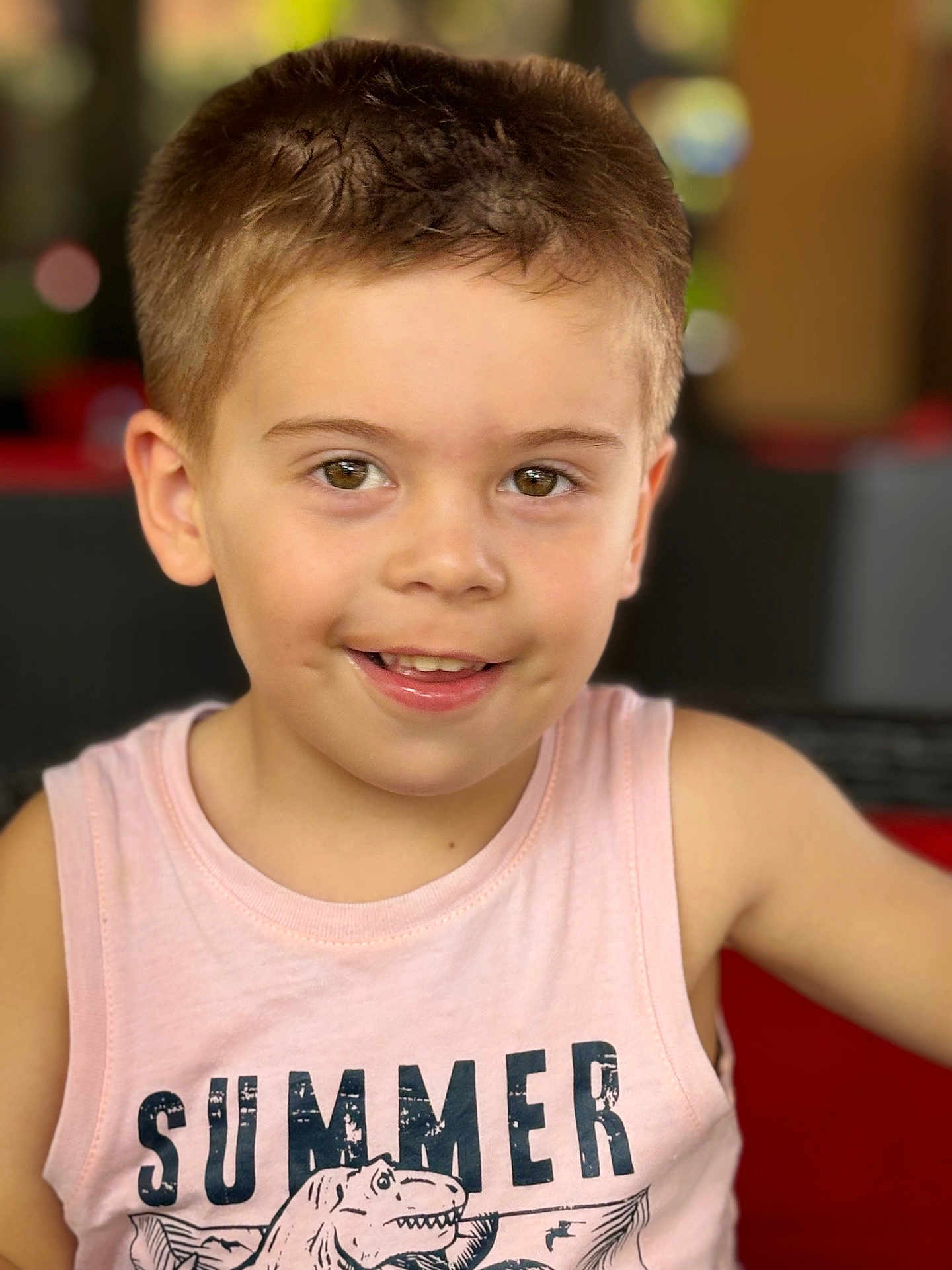 Mario participe au concours pour gagner de l'argent avec cette photo : child, boy, smiling, portrait, short_hair, sleeveless_shirt, dinosaur_graphic, summer, casual_clothing, indoor, blurry_background, happy, young, cute, person, face, head_and_shoulders, light_skin, brown_eyes, closeup