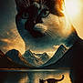 cat, mountains, lake, sunset, water, reflection, animal, nature, landscape, black_and_white_cat, wildlife, scenery, outdoor, majestic, serene, twilight, silhouette, sky, sunlight, walking_cat