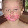 Joshua is registered to the contest to win money with this photo: amusing, bare_shoulders, brown_hair, child, close_up, face, head, home, indoors, light_eyes, looking_at_camera, messy_face, neutral_expression, photograph, pink_marks, pink_smudge, portrait, skin, toddler, window