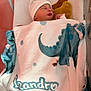 newborn, baby, blanket, dinosaur, hat, plush_toys, crib, sleeping, cozy, soft_texture, infant, cute, comfort, child, indoor, bed, peaceful, resting, pink_background, warm_lighting