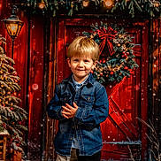 Ethan is registered to the contest to win money with this photo: child, boy, denim_jacket, christmas_wreath, red_door, christmas_tree, snow, lantern, holiday, festive, decorations, smile, winter, pine_cones, outdoor, seasonal, happy, portrait, young, celebration