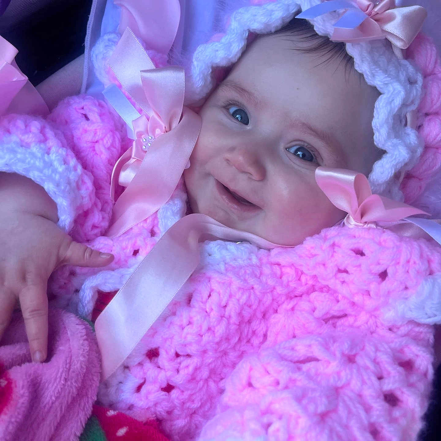 Story-Jade joined the competition — help win amazing prizes! baby, blanket, bonnet, cap, clothing, coat, costume, dress, face, hat, head, hood, jacket, knitwear, newborn, person, photography, portrait, purple, quilt