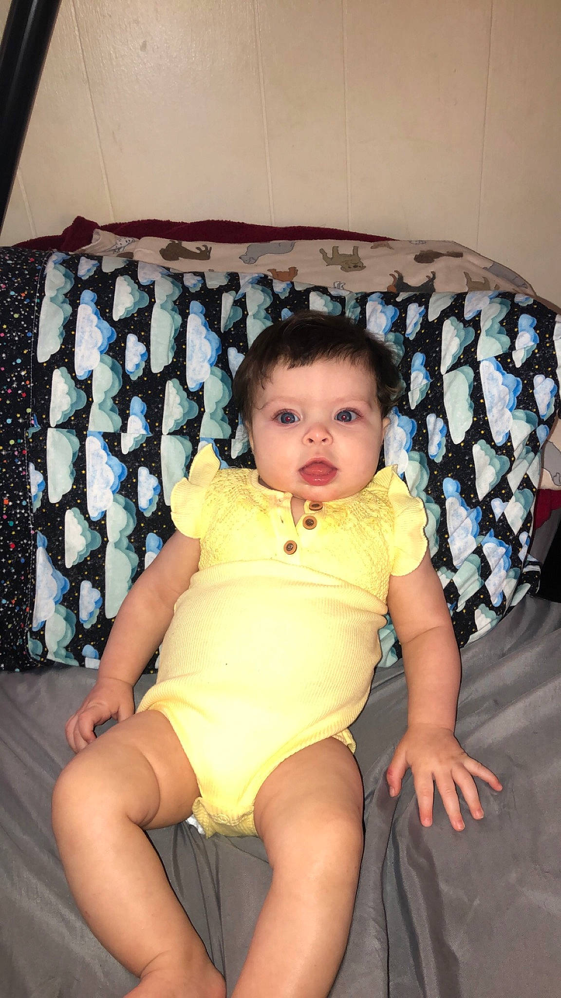 Paisley joined the competition — help win amazing prizes! arm, baby, baby_toddler_clothing, cheek, comfort, eye, facial_expression, finger, hairstyle, iris, lap, leg, mammal, mouth, person, shorts, skin, textile, thigh, toddler