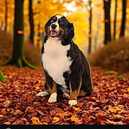 Bruno is registered to the contest to win money with this photo: dog, autumn, leaves, forest, outdoor, fall, nature, smiling_dog, canine, happy, sitting, animal, brown, black, white, trees, seasonal, fluffy, pet, landscape