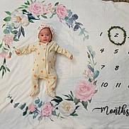 Selene joined the competition — help win amazing prizes! baby, infant, child, portrait, lying_down, onesie, pumpkin_pattern, headband, floral_blanket, milestone_blanket, monthly_photo, numbered_calendar, flowers, roses, leaves, text, indoors, cute, awake, cozy