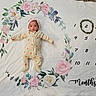 baby, infant, child, portrait, lying_down, onesie, pumpkin_pattern, headband, floral_blanket, milestone_blanket, monthly_photo, numbered_calendar, flowers, roses, leaves, text, indoors, cute, awake, cozy