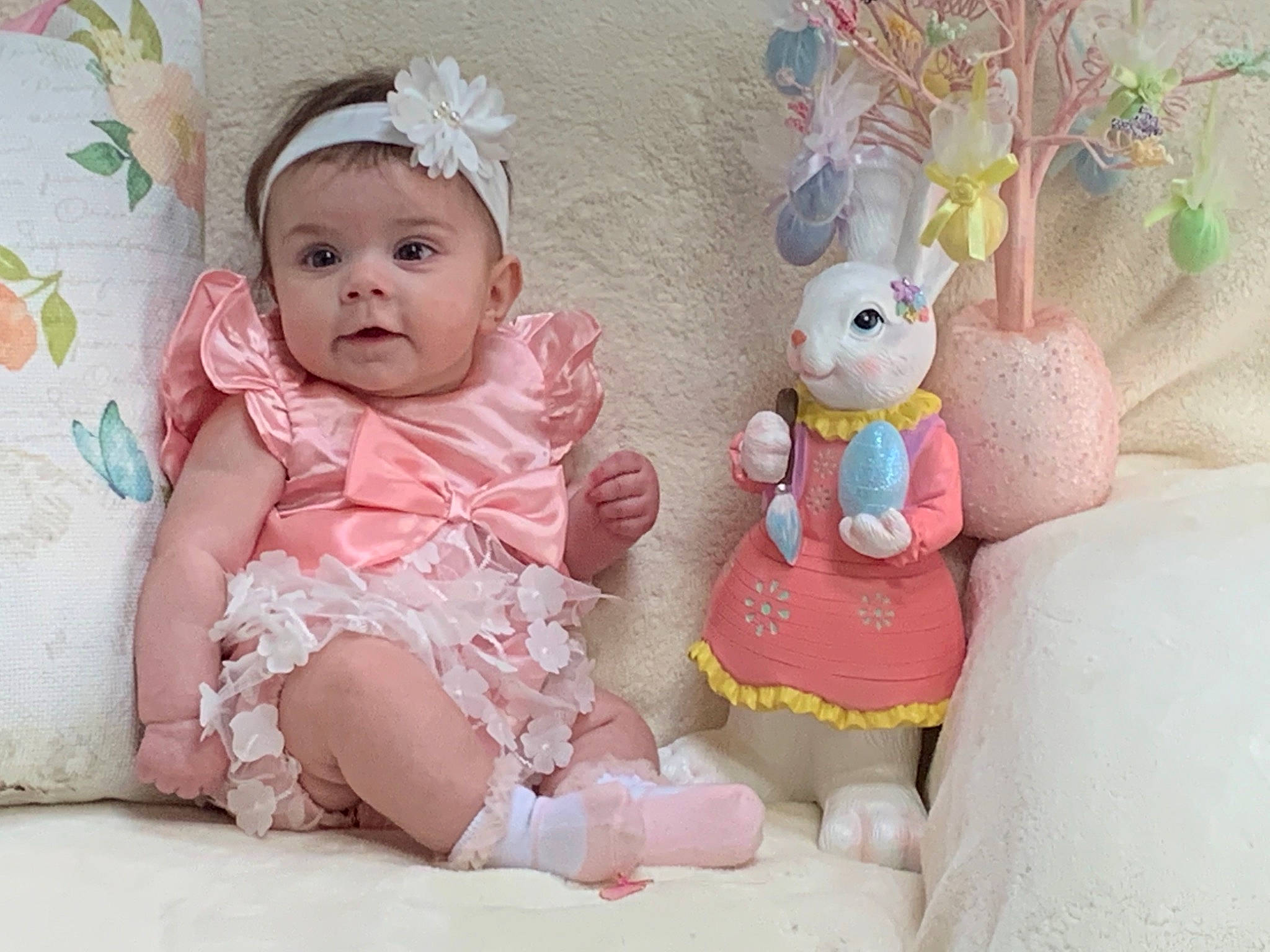 Gabrielle joined the competition — help win amazing prizes! baby, baby_products, baby_toddler_clothing, child, clothing, doll, dress, embellishment, facial_expression, fashion_accessory, happy, headwear, linens, pattern, person, pink, plush, skin, sleeve, stuffed_toy