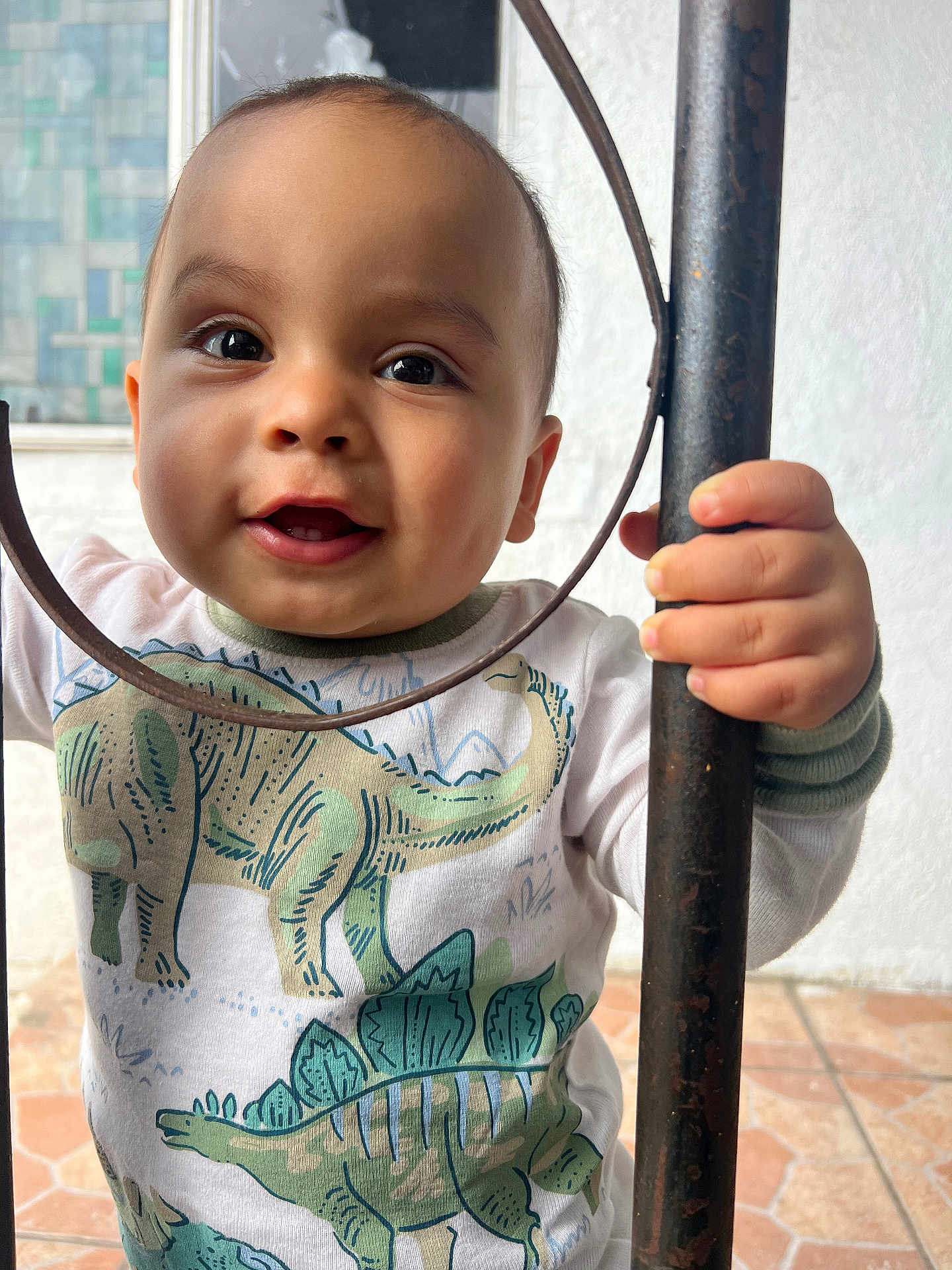 Frankie joined the competition — help win amazing prizes! baby, babylaughing, bodypart, clothing, face, finger, hand, handrail, happy, head, longsleeve, mouth, pants, pattern, person, photography, portrait, sleeve, smile, t_shirt
