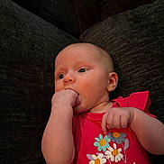 Maddelynn is registered to the contest to win money with this photo: baby, infant, child, hand, face, red_clothing, flower_print, sleeve, skin, chewing, curious, lying_down, couch, fabric, closeup, young, person, cute, indoors, portrait