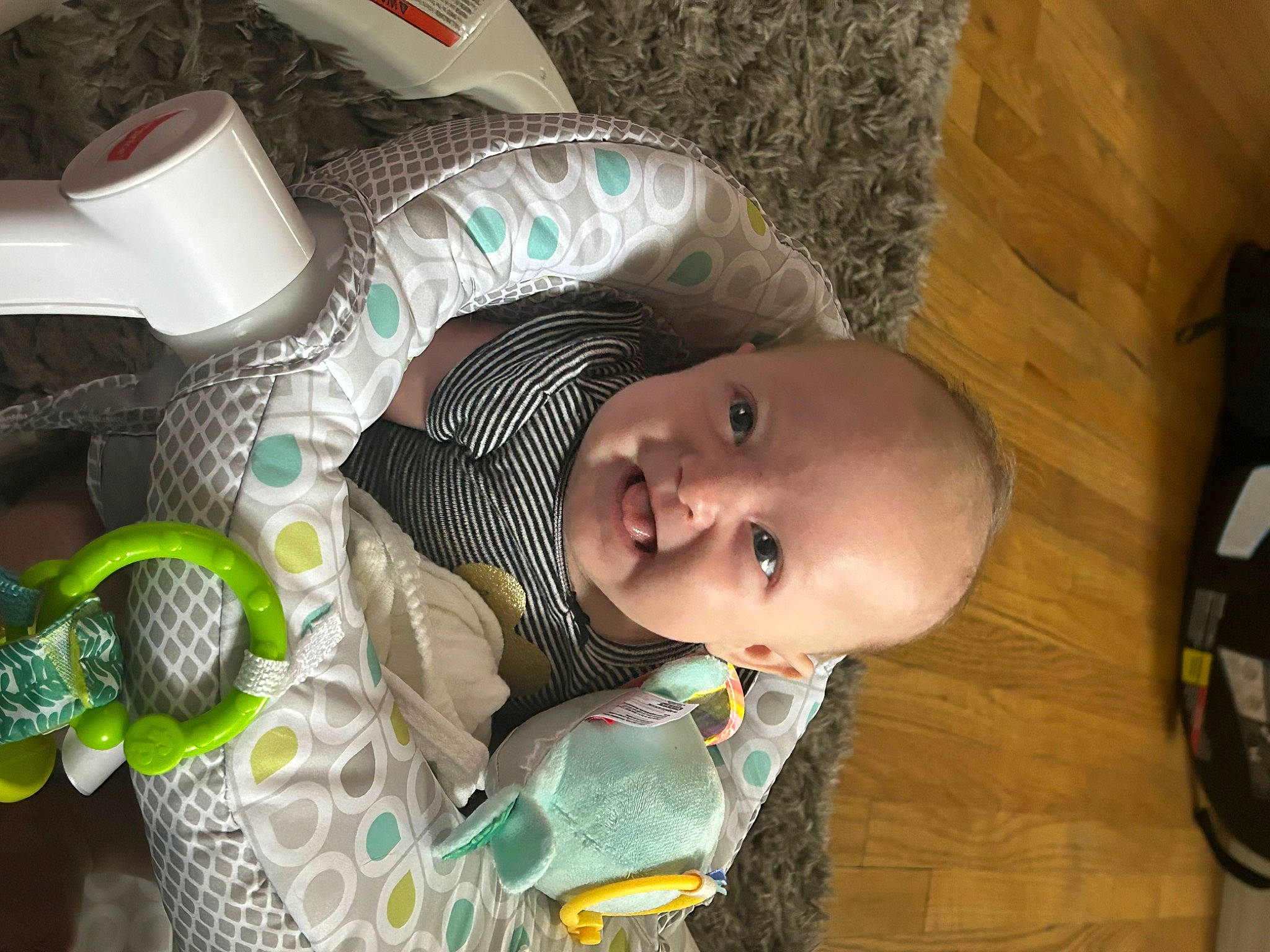 Jane is registered to the contest to win money with this photo: baby, baby_products, baby_safety, baby_toddler_clothing, cheek, child, comfort, grass, green, linens, mechanical_fan, person, room, smile, toddler, tree, wood