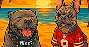 Marley is registered to the contest to win money with this photo: animal, bandana, beach, cartoon, clouds, dog, happy, illustration, jersey, number_9, ocean, outdoor, palm_tree, pet, sand, sky, smiling, sunset, tropical, vacation