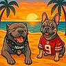 animal, bandana, beach, cartoon, clouds, dog, happy, illustration, jersey, number_9, ocean, outdoor, palm_tree, pet, sand, sky, smiling, sunset, tropical, vacation