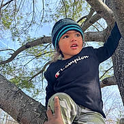 Keshaun is registered to the contest to win money with this photo: beanie, branches, camouflage_pants, casual_clothing, champion, child, climbing, curious, daylight, hand, nature, outdoor, person, portrait, sky, support, sweatshirt, tattoo, tree, young