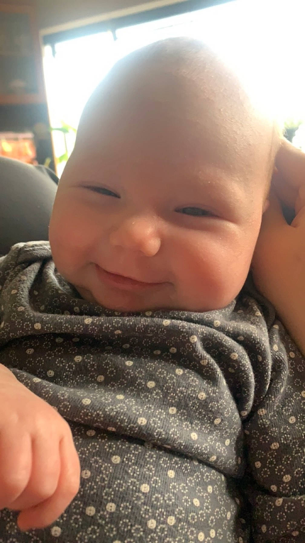 Emilia is registered to the contest to win money with this photo: baby, baby_toddler_clothing, cheek, chin, eyebrow, face, finger, forehead, gesture, hairstyle, iris, joy, lip, mouth, muscle, nose, person, skin, sleeve, smile