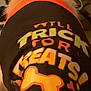 dog, clothing, costume, text, bone, black, orange, pet, animal, closeup, fur, fabric, apparel, cute, holiday, trick_or_treat, puppy, wearing, pet_clothes, indoor