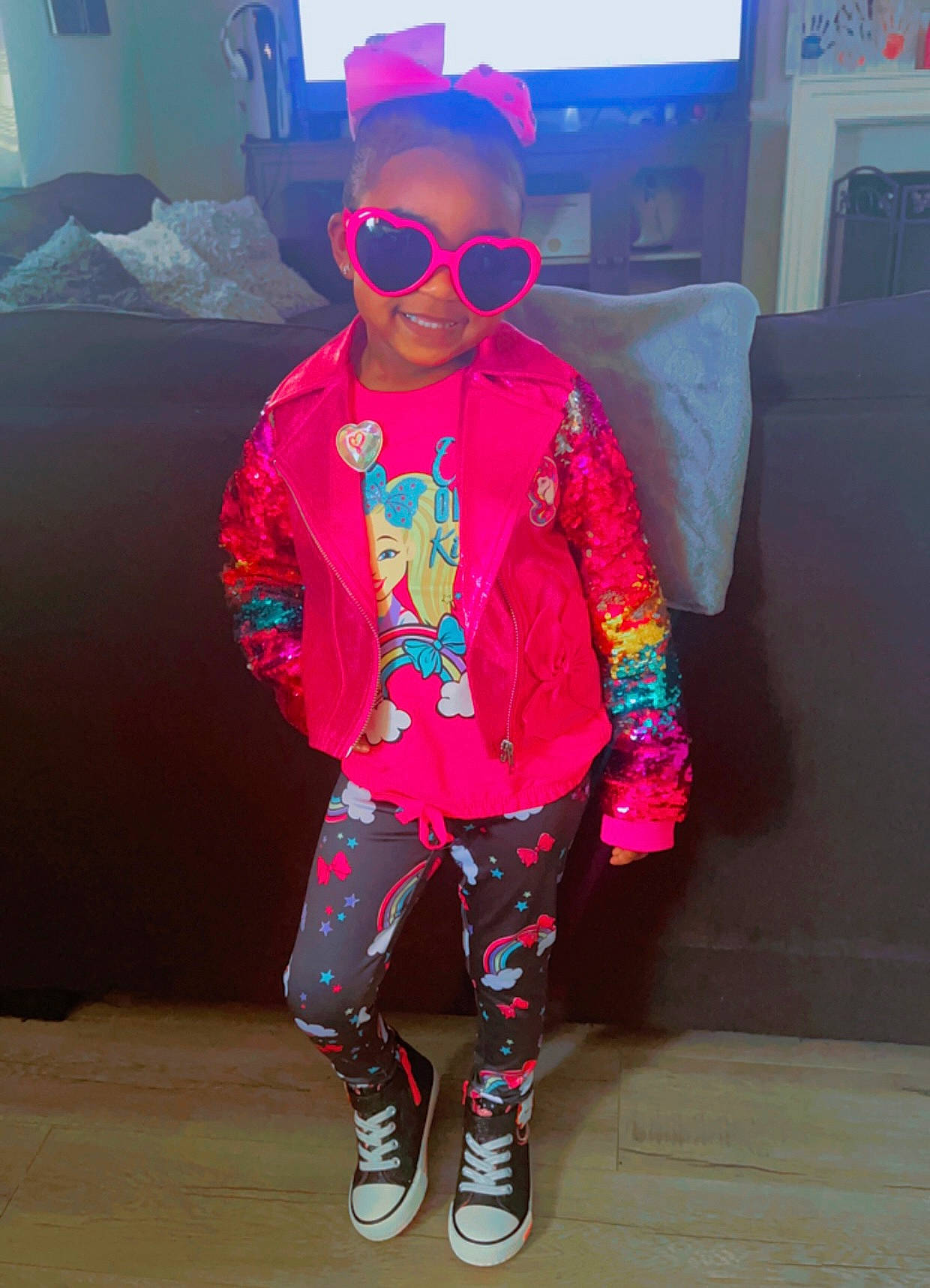 Jaliah joined the competition — help win amazing prizes! baby_toddler_clothing, cool, electric_blue, entertainment, eyewear, fashion_design, glasses, goggles, headgear, joy, magenta, person, personal_protective_equipment, pink, purple, sleeve, sportswear, sunglasses, t_shirt, thigh