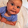 Ruth is registered to the contest to win money with this photo: baby, infant, blue_clothing, bed, white_bedspread, curious_expression, wide_eyes, lying_down, close_up, cute, child, skin, face, small_hands, indoors, soft_lighting, portrait, one_person, young_child, human