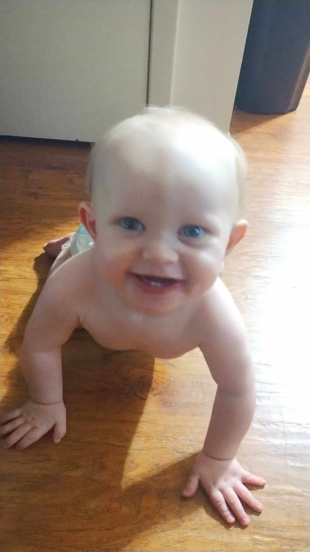 Alvin is registered to the contest to win money with this photo: baby, child, crawling, floor, wooden_floor, smiling, happy, indoor, skin, hands, face, eyes, mouth, infant, person, cute, young_child, home, natural_light, bare_chest