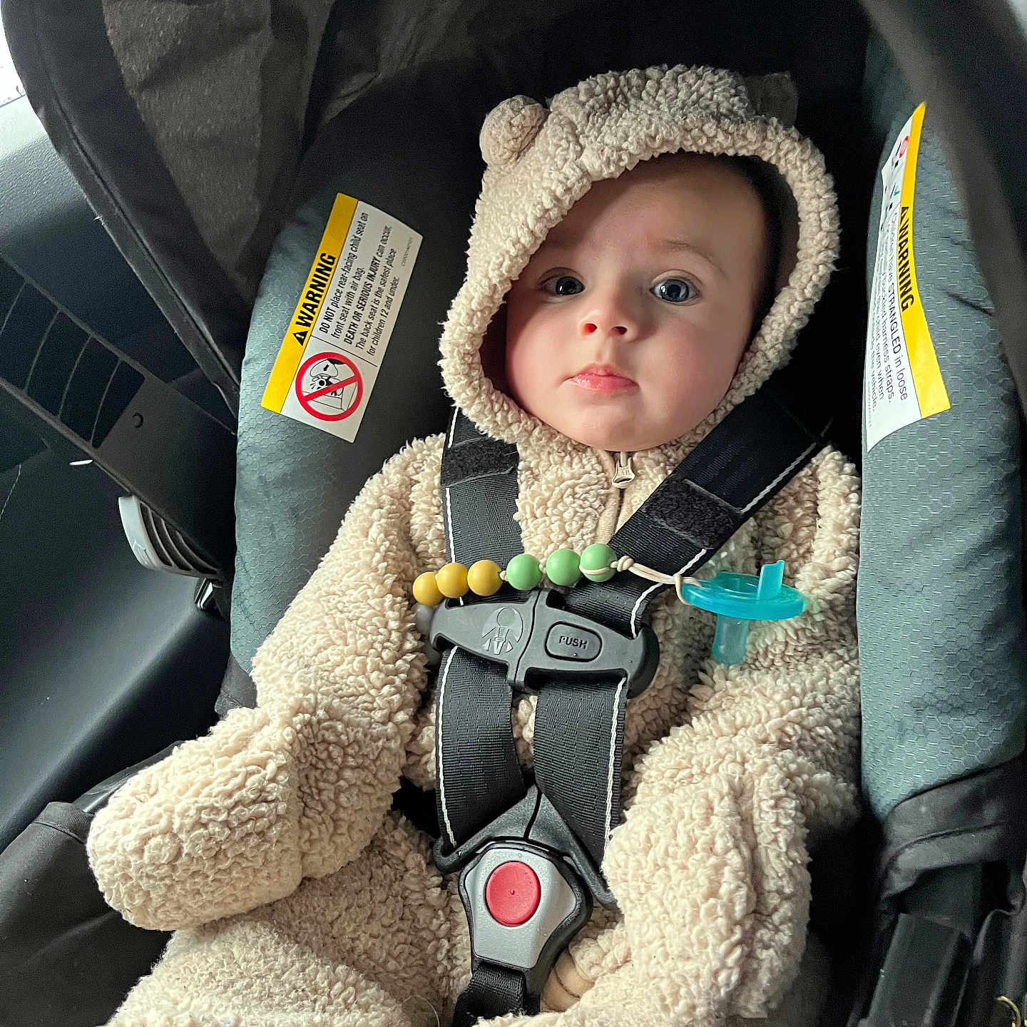 Everett joined the competition — help win amazing prizes! accessories, baby, bonnet, cap, car, car_interior, carseat, clothing, coat, face, hat, head, hood, jacket, knitwear, person, photography, portrait, transportation, vehicle