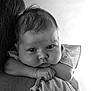 baby, child, portrait, black_and_white, close_up, face, expression, skin, hair, person, shoulder, hand, infant, newborn, cute, soft_lighting, monochrome, resting, clothing, human